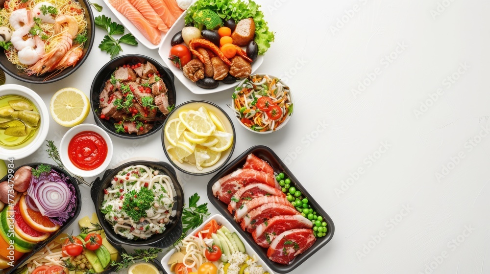 Poster a diverse selection of food items displayed on a white table. suitable for food blogs and restaurant