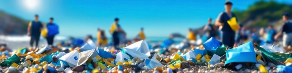 Abstract colorful illustration of volunteers cleaning up trash on beach, environmental theme, blurred background for social media banner, website and for your design, space for text	
