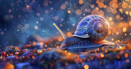 Snail with a spiraled shell, exploring its environment, symbol of patience.  - obrazy, fototapety, plakaty