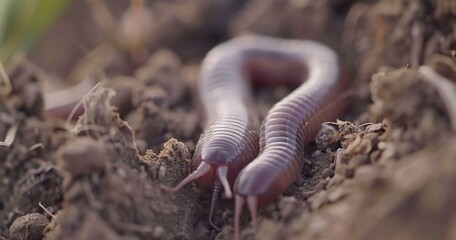 Earthworm segments visible, vital for soil health, simplicity in motion.  - obrazy, fototapety, plakaty