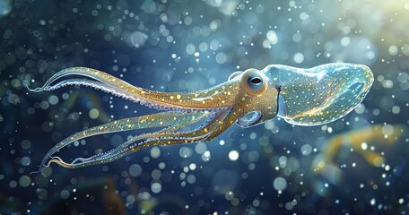 Squid in an elegant swim, tentacles trailing, deep-sea mystery. 