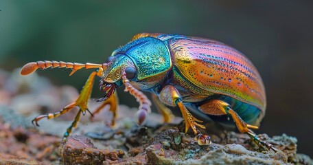Fototapeta premium Beetle with iridescent shell, tiny yet fascinating, a jewel of nature.