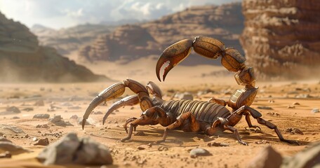 Scorpion poised, tail arched for defense, desert survivor.  - obrazy, fototapety, plakaty