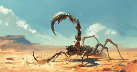 Scorpion poised, tail arched for defense, desert survivor.  - obrazy, fototapety, plakaty