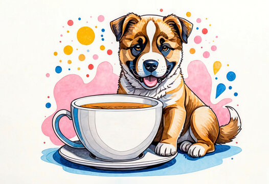 American Akito puppy and a coffee mug, polka dot on the background, Generative AI