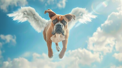 flying boxer dog with angel wings, white clouds in the blue sky behind him, faint rainbow
