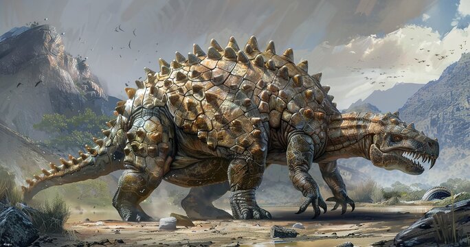 Ankylosaurus with armored plates and club tail, defensive powerhouse. 