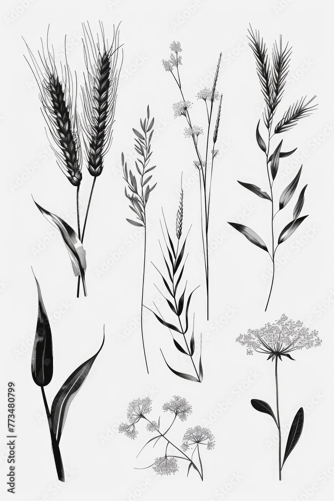 Poster assorted plants on a plain white backdrop, suitable for botanical presentations