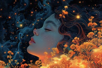 Motivation visualized as a mythical muse whispering to dreamers, artists, and inventors, sparking extraordinary creations - obrazy, fototapety, plakaty