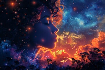 Motivation visualized as a mythical muse whispering to dreamers, artists, and inventors, sparking extraordinary creations - obrazy, fototapety, plakaty