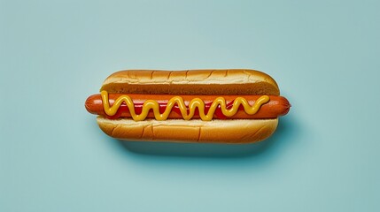 A hot dog with mustard and ketchup on a light blue background, highlighting its classic toppings.