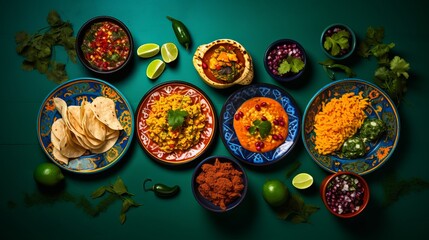 A table with a variety of Mexican food, including tacos, rice, and beans
