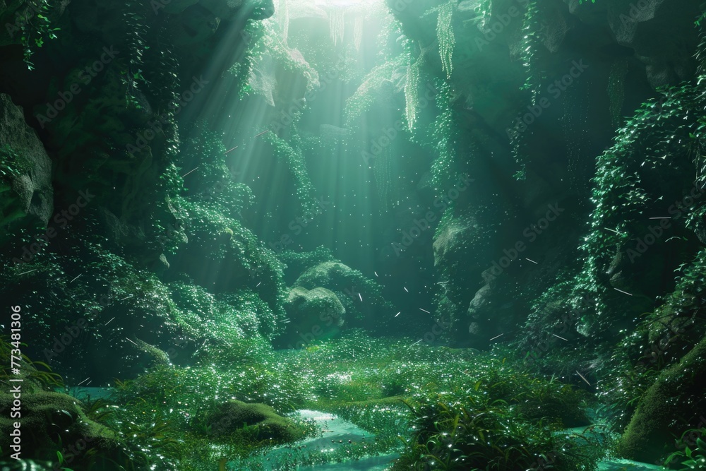 Poster peaceful stream flowing through vibrant forest, ideal for nature and environment concepts