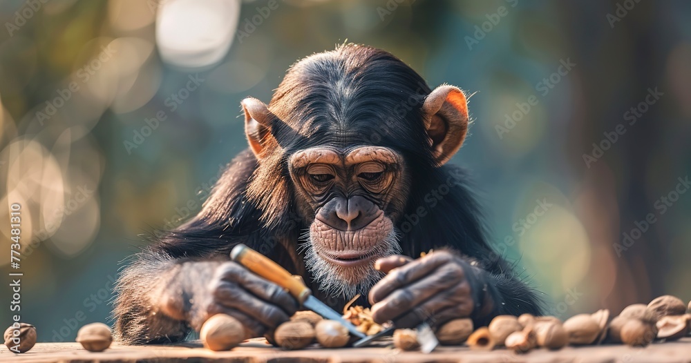 Canvas Prints monkey using tools, focused on cracking nuts, intelligence and problem-solving highlighted.