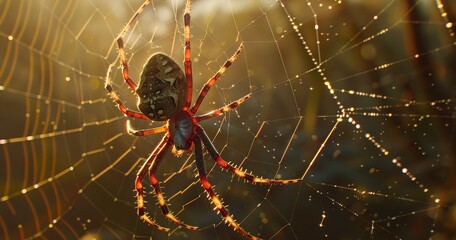 Spider weaving its web, meticulous and precise, showcasing construction skills.  - obrazy, fototapety, plakaty