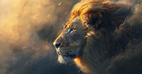 Majestic lion with a deep gaze, mane flowing softly, symbol of strength.  - obrazy, fototapety, plakaty