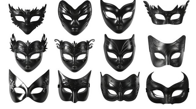 A collection of black leather masks on a white background. Ideal for costume parties or Halloween events