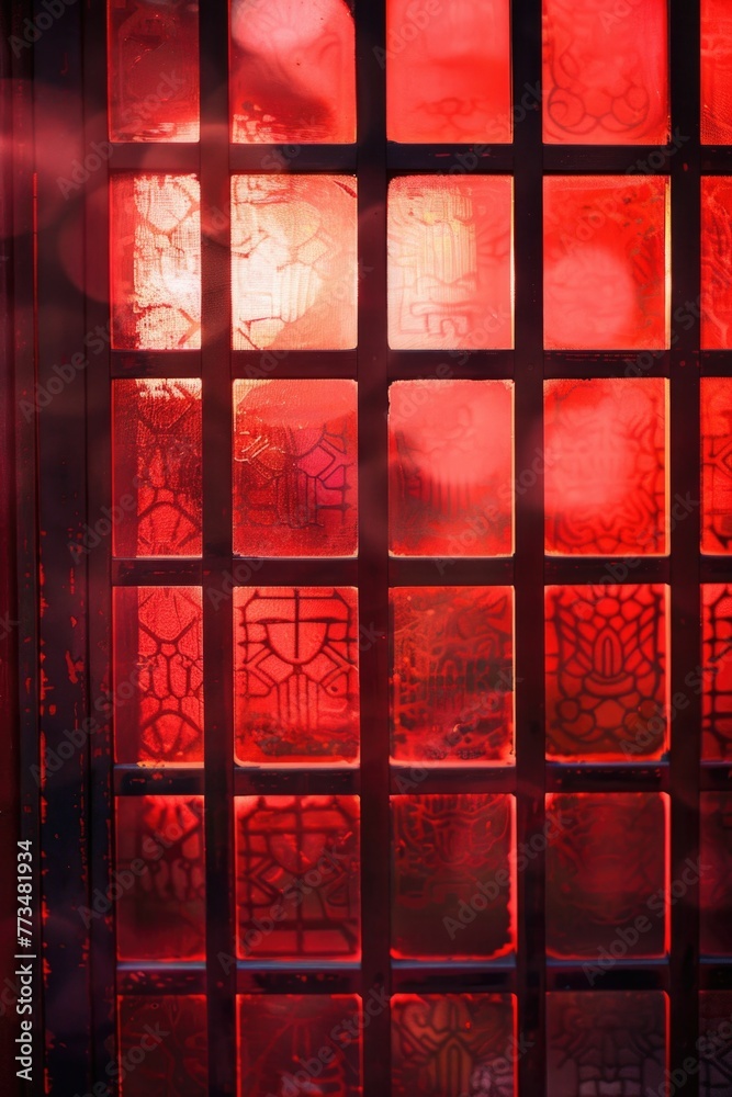 Aufkleber Close-up view of a window with a red light, suitable for various concepts and backgrounds