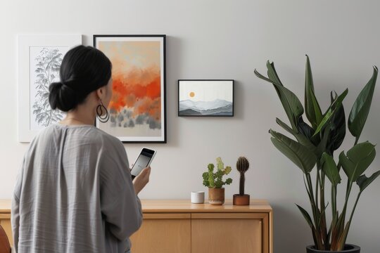 Modern home interior with woman using smartphone to control digital art frames