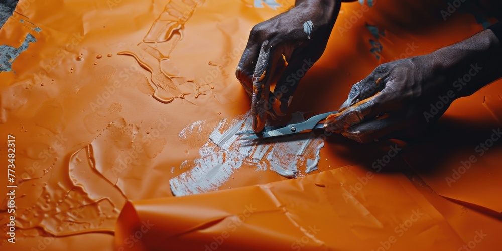 Poster close-up of someone cutting paper with scissors. great for office or craft related projects