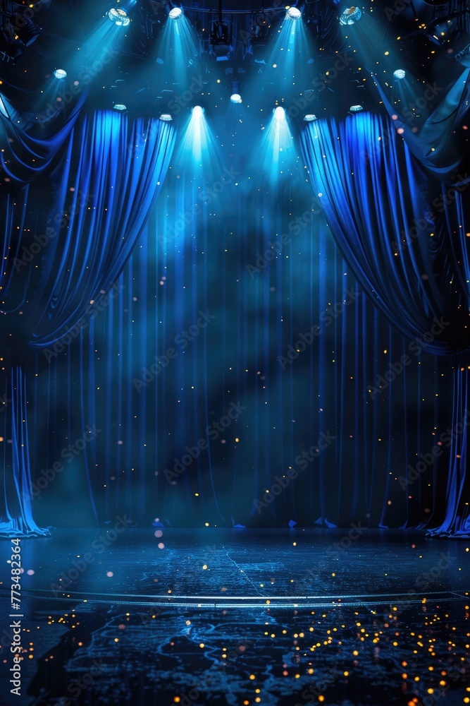 Aufkleber A stage set up with blue drapes and bright lights. Ideal for event or performance concepts
