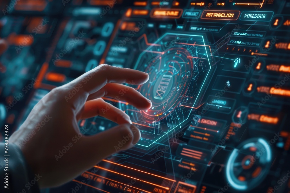 Aufkleber a person touching a high-tech computer screen. suitable for technology concept designs