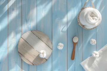 spa with fluffy white towels and wooden inserts on blue slatted background - obrazy, fototapety, plakaty