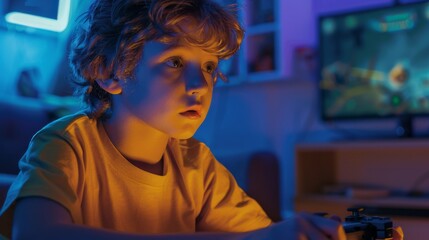 Obraz premium Focused child playing video game during his leisure time at home
