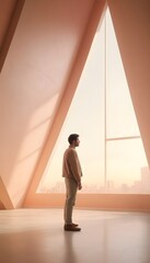 person watching the sun in architecture building big window