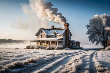 Traditional farmhouse surrounded by snow-covered fields and frosty trees, with smoke billowing.
