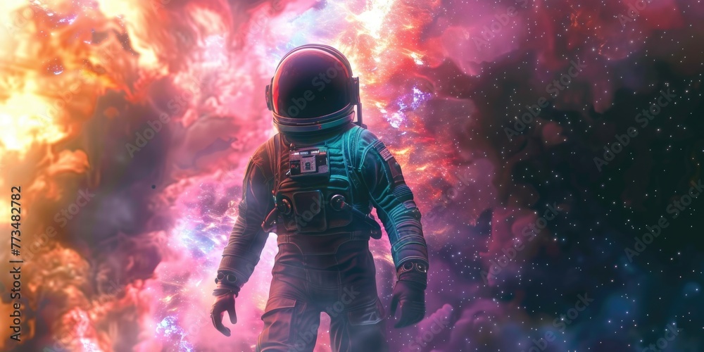 Poster Astronaut standing in front of a colorful nebula, suitable for science or space-themed projects