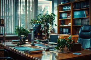 A modern desk setup with a laptop and plant. Suitable for office or work from home concept