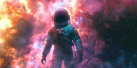 Astronaut standing in front of a colorful nebula, suitable for science or space-themed projects