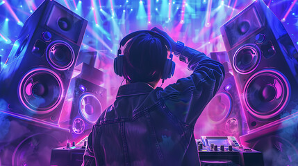 a person wearing headphones, The individual appears to be DJing or enjoying music