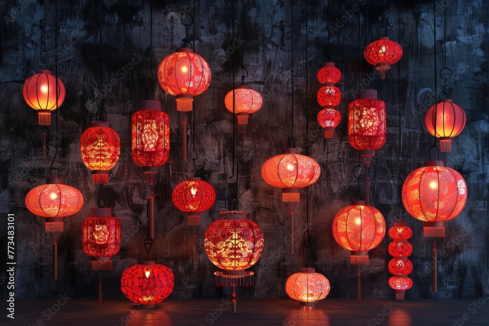 Poster A bunch of red lanterns hanging from the ceiling. Perfect for adding a touch of oriental charm to any space
