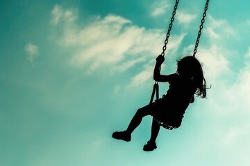 A silhouette of a child on a swing. Suitable for playground or childhood themes - obrazy, fototapety, plakaty