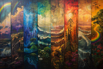 A colorful, flowing art style mural depicting the seven days of creation in a series of panels. Each panel depicts one day's creation from sunrise to sunset, with vibrant colors and detailed image