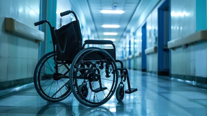 Empty Wheelchair in Hospital Corridor - A solitary wheelchair is illuminated in a dimly lit hospital hallway, evoking a sense of quiet and absence. - obrazy, fototapety, plakaty