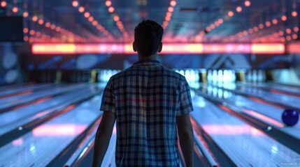 A man standing in front of a bowling alley. Great for sports and leisure concepts - obrazy, fototapety, plakaty