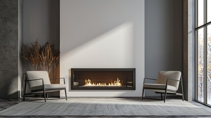 Modern Cozy Living Room with Fireplace - A peaceful living room setup with a lit fireplace, two chairs, and natural light. - obrazy, fototapety, plakaty