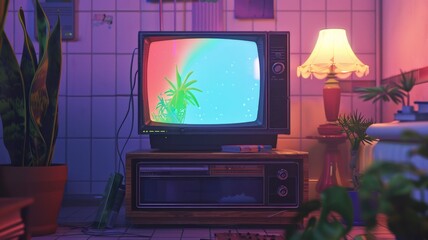 Retro Styled Room with Vintage Television - A cozy, nostalgic room with an old TV showcasing vibrant display, beside a warm lamp.
