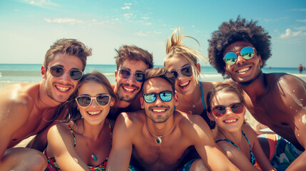 A jovial group of young friends poses for a photo on the beach while on vacation.