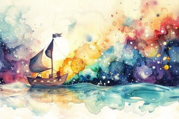 Sailboat Amidst a Dreamy Watercolor Universe - A whimsical sailboat journey through a colorful, starry watercolor seascape. - obrazy, fototapety, plakaty