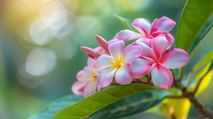 Vibrant Plumeria Flowers in Sunlight - A cluster of pink and yellow plumeria blooms among lush leaves.