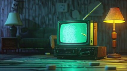 Vintage TV Set in Retro Living Room - Old-fashioned television with static screen in a nostalgic room setting with ambient lighting. - obrazy, fototapety, plakaty