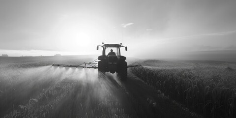 Black and white photo of a tractor in a field, suitable for agricultural concepts