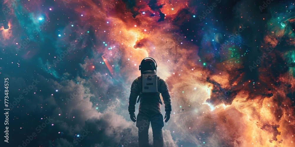Poster Astronaut standing in front of a colorful galaxy, suitable for space exploration themes