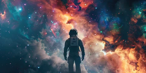 Foto auf Acrylglas Antireflex Astronaut standing in front of a colorful galaxy, suitable for space exploration themes © Fotograf