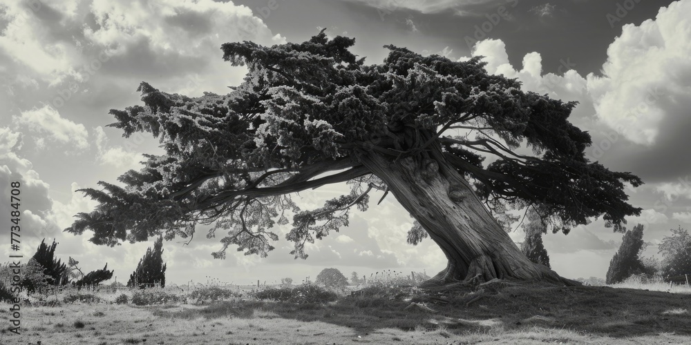 Poster A serene image of a large tree in a lush green field. Suitable for nature and landscape themes