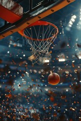 Fototapeta premium A basketball scoring through a hoop with confetti falling down. Suitable for sports events or celebrations